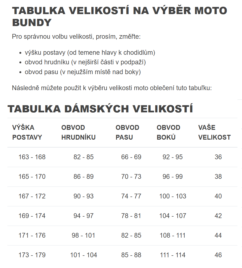 MBW Tabulka dámských velikosti bund